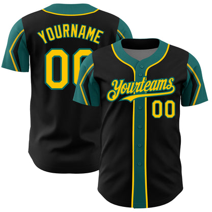 Custom Black Yellow-Teal 3 Colors Arm Shapes Authentic Baseball Jersey - Sky-Custom