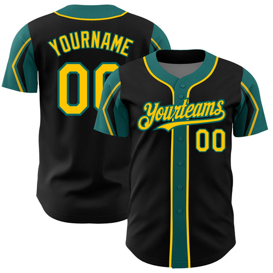 Custom Black Yellow-Teal 3 Colors Arm Shapes Authentic Baseball Jersey - Sky-Custom