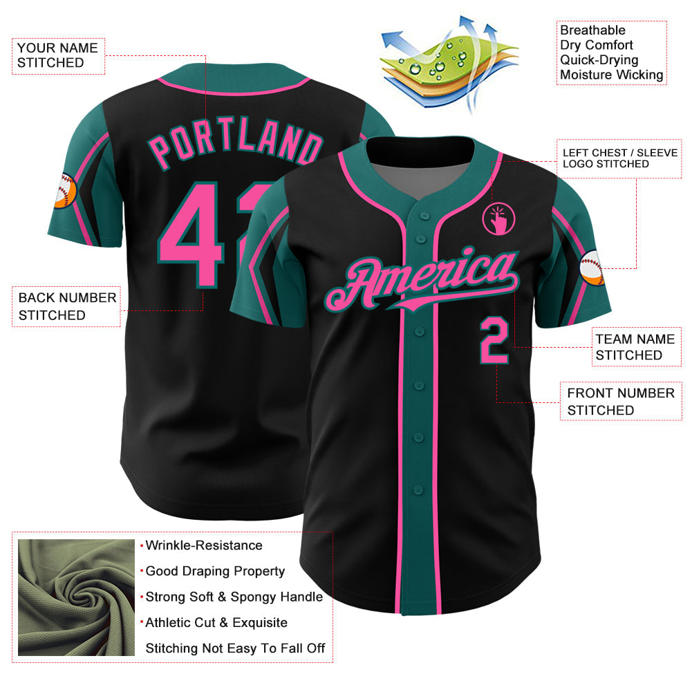 Custom Black Pink-Teal 3 Colors Arm Shapes Authentic Baseball Jersey - Sky-Custom