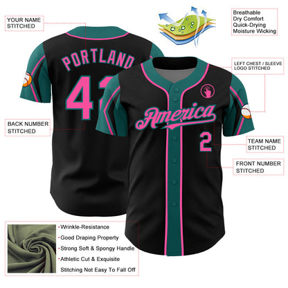 Custom Black Pink-Teal 3 Colors Arm Shapes Authentic Baseball Jersey - Sky-Custom