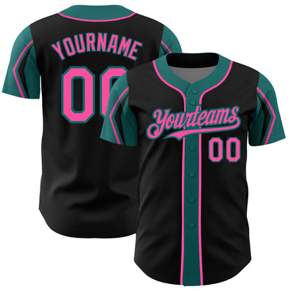 Custom Black Pink-Teal 3 Colors Arm Shapes Authentic Baseball Jersey - Sky-Custom
