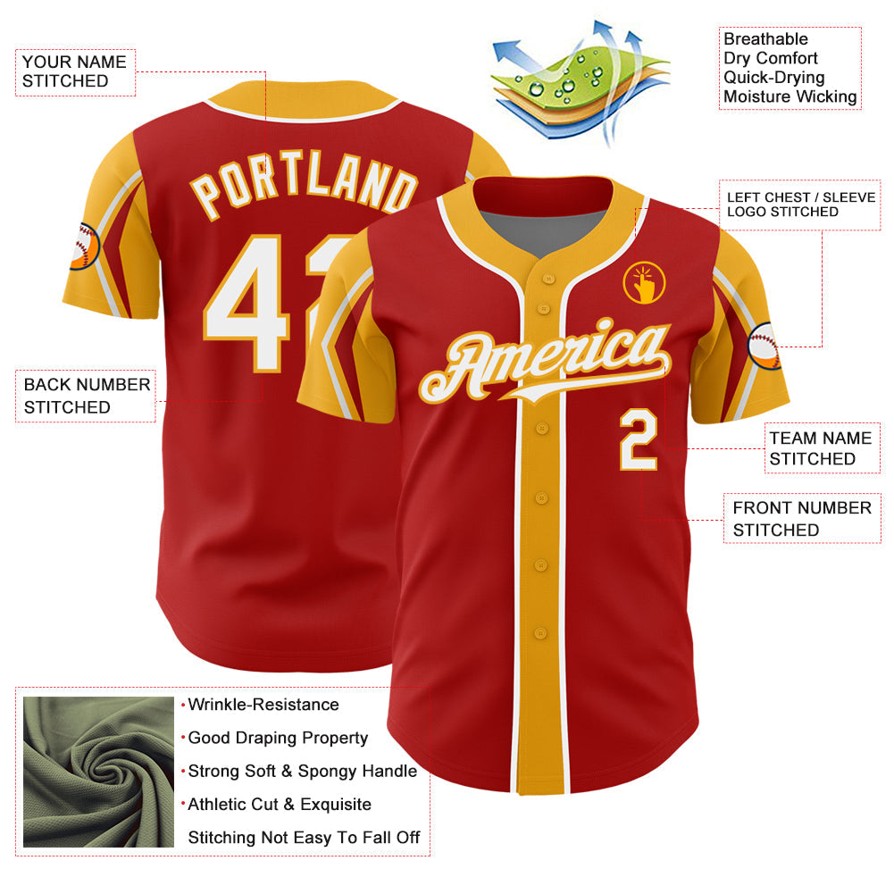 Custom Red White-Gold 3 Colors Arm Shapes Authentic Baseball Jersey - Sky-Custom