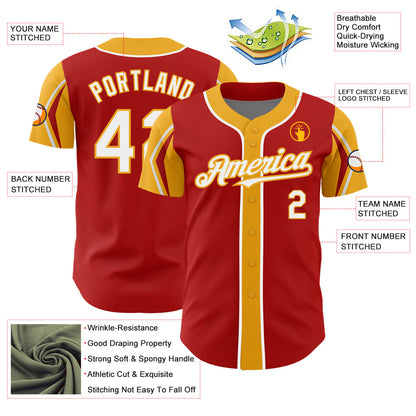 Custom Red White-Gold 3 Colors Arm Shapes Authentic Baseball Jersey - Sky-Custom