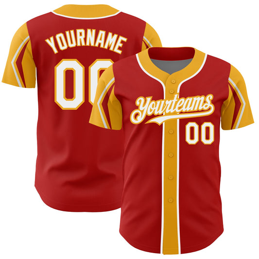Custom Red White-Gold 3 Colors Arm Shapes Authentic Baseball Jersey - Sky-Custom