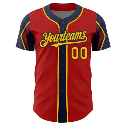 Custom Red Gold-Navy 3 Colors Arm Shapes Authentic Baseball Jersey - Sky-Custom