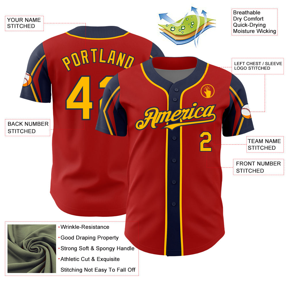 Custom Red Gold-Navy 3 Colors Arm Shapes Authentic Baseball Jersey - Sky-Custom