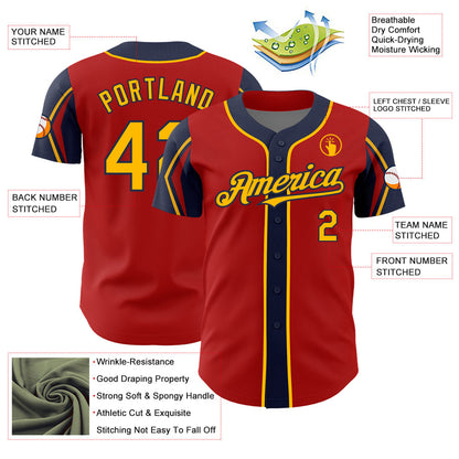 Custom Red Gold-Navy 3 Colors Arm Shapes Authentic Baseball Jersey - Sky-Custom