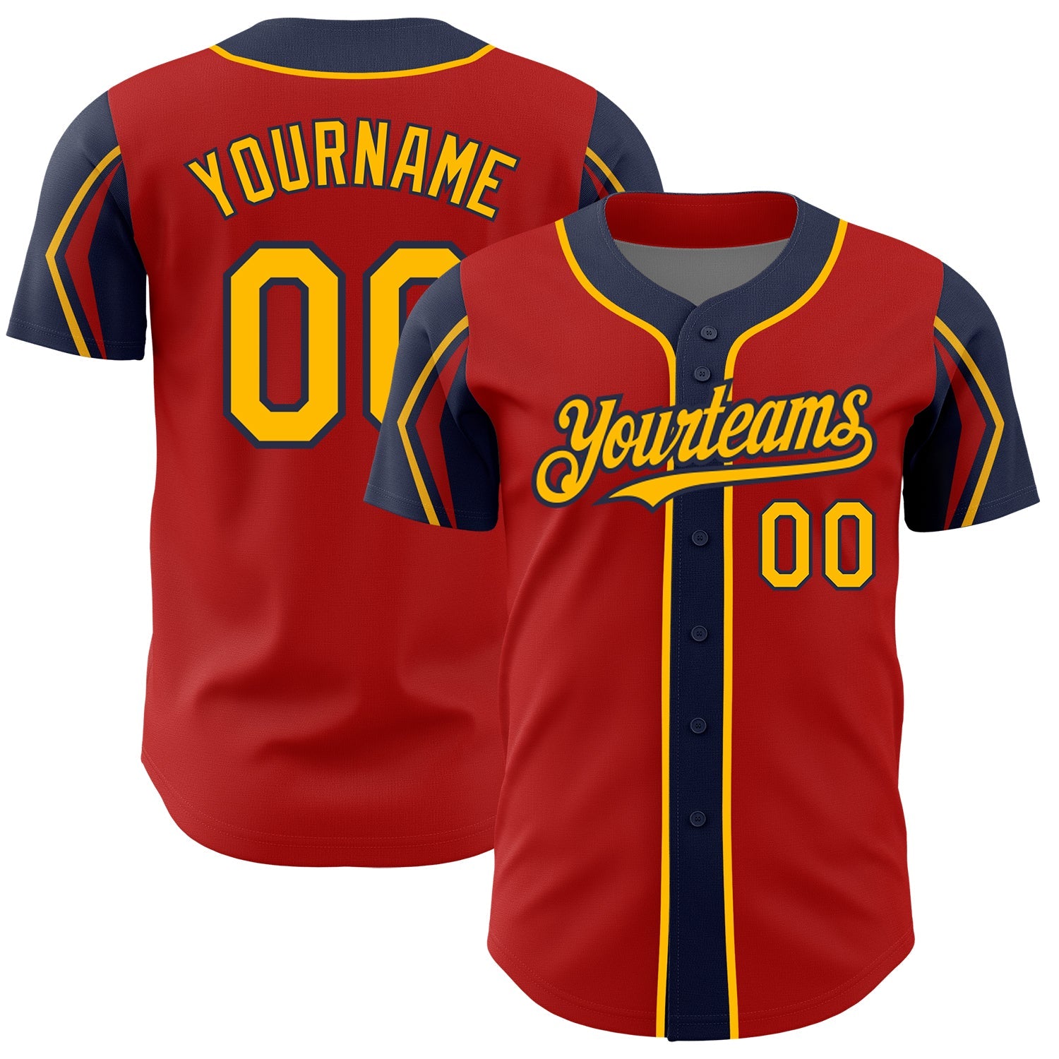 Custom Red Gold-Navy 3 Colors Arm Shapes Authentic Baseball Jersey - Sky-Custom