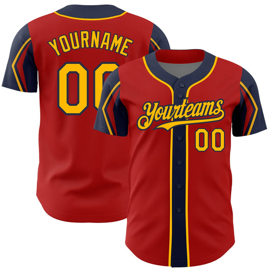 Custom Red Gold-Navy 3 Colors Arm Shapes Authentic Baseball Jersey - Sky-Custom