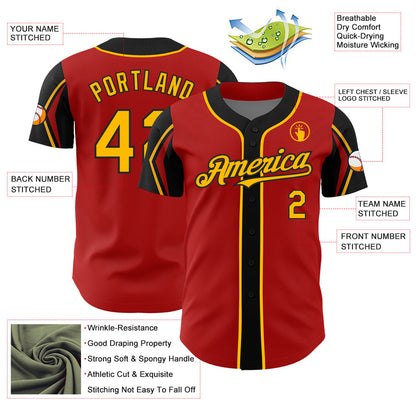 Custom Red Gold-Black 3 Colors Arm Shapes Authentic Baseball Jersey - Sky-Custom