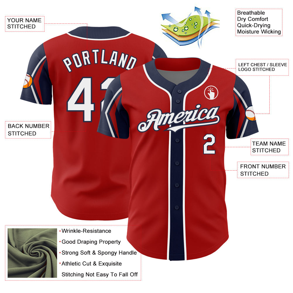 Custom Red White-Navy 3 Colors Arm Shapes Authentic Baseball Jersey - Sky-Custom