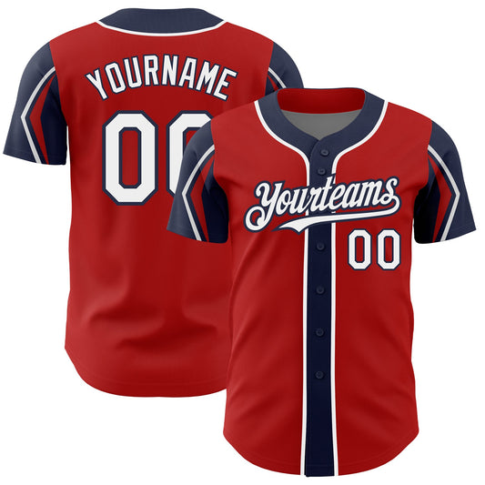 Custom Red White-Navy 3 Colors Arm Shapes Authentic Baseball Jersey - Sky-Custom