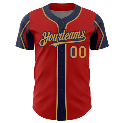 Custom Red Old Gold-Navy 3 Colors Arm Shapes Authentic Baseball Jersey - Sky-Custom