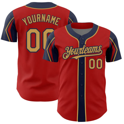 Custom Red Old Gold-Navy 3 Colors Arm Shapes Authentic Baseball Jersey - Sky-Custom