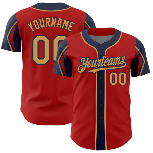 Custom Red Old Gold-Navy 3 Colors Arm Shapes Authentic Baseball Jersey - Sky-Custom
