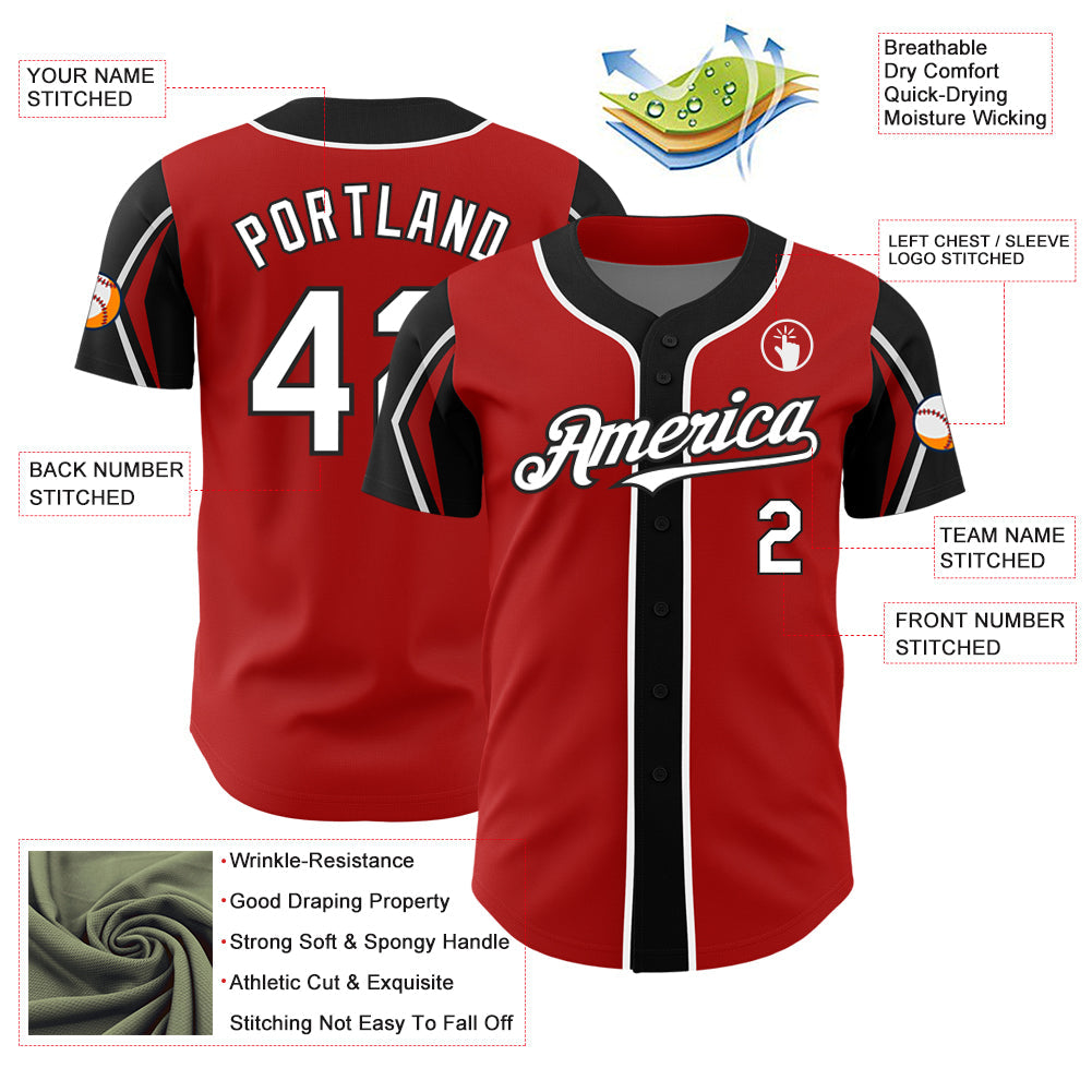 Custom Red White-Black 3 Colors Arm Shapes Authentic Baseball Jersey - Sky-Custom