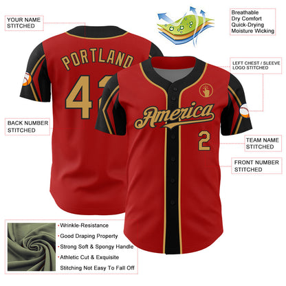 Custom Red Old Gold-Black 3 Colors Arm Shapes Authentic Baseball Jersey - Sky-Custom