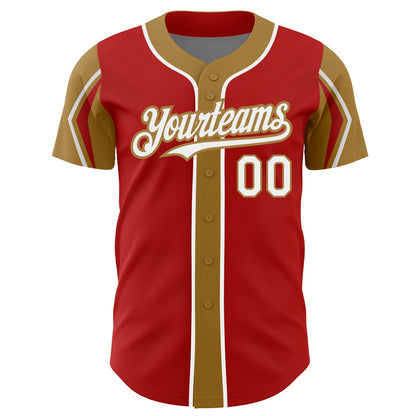 Custom Red White-Old Gold 3 Colors Arm Shapes Authentic Baseball Jersey - Sky-Custom