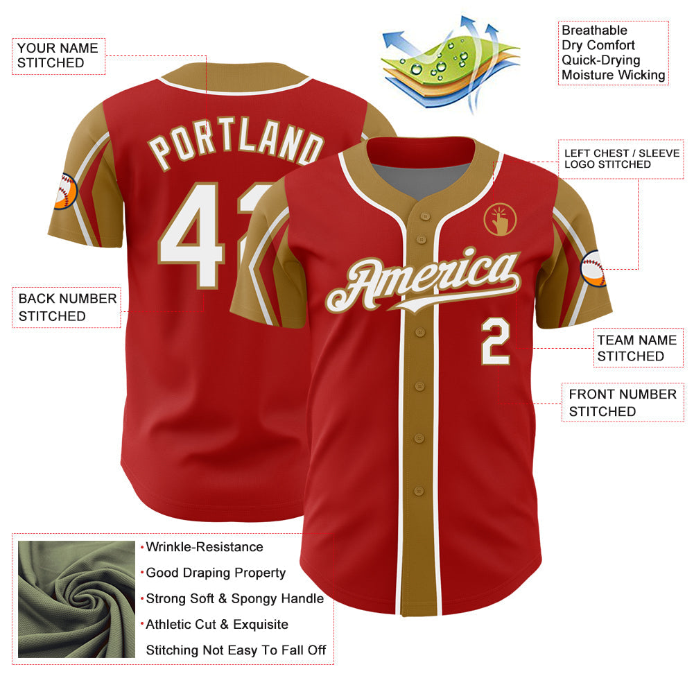 Custom Red White-Old Gold 3 Colors Arm Shapes Authentic Baseball Jersey - Sky-Custom