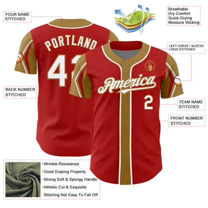 Custom Red White-Old Gold 3 Colors Arm Shapes Authentic Baseball Jersey - Sky-Custom