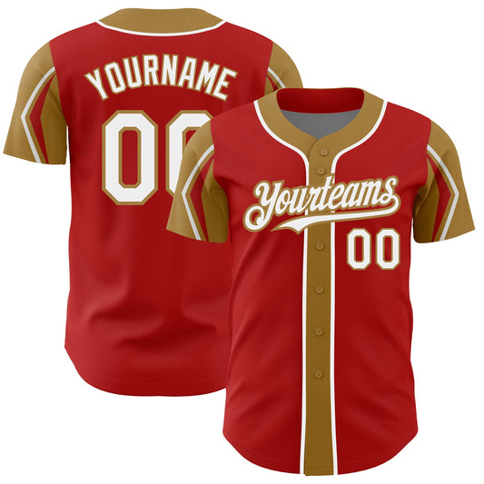 Custom Red White-Old Gold 3 Colors Arm Shapes Authentic Baseball Jersey - Sky-Custom