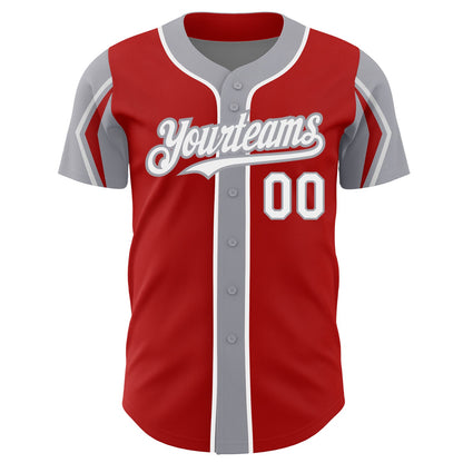 Custom Red White-Gray 3 Colors Arm Shapes Authentic Baseball Jersey - Sky-Custom