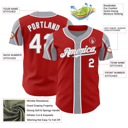 Custom Red White-Gray 3 Colors Arm Shapes Authentic Baseball Jersey - Sky-Custom