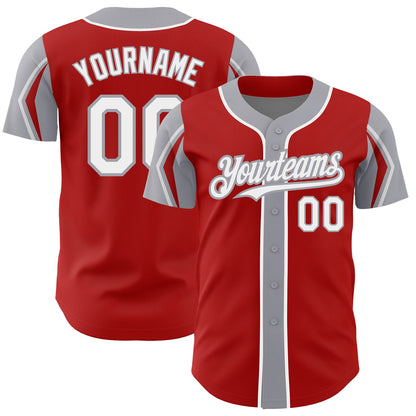 Custom Red White-Gray 3 Colors Arm Shapes Authentic Baseball Jersey - Sky-Custom