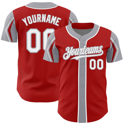 Custom Red White-Gray 3 Colors Arm Shapes Authentic Baseball Jersey - Sky-Custom
