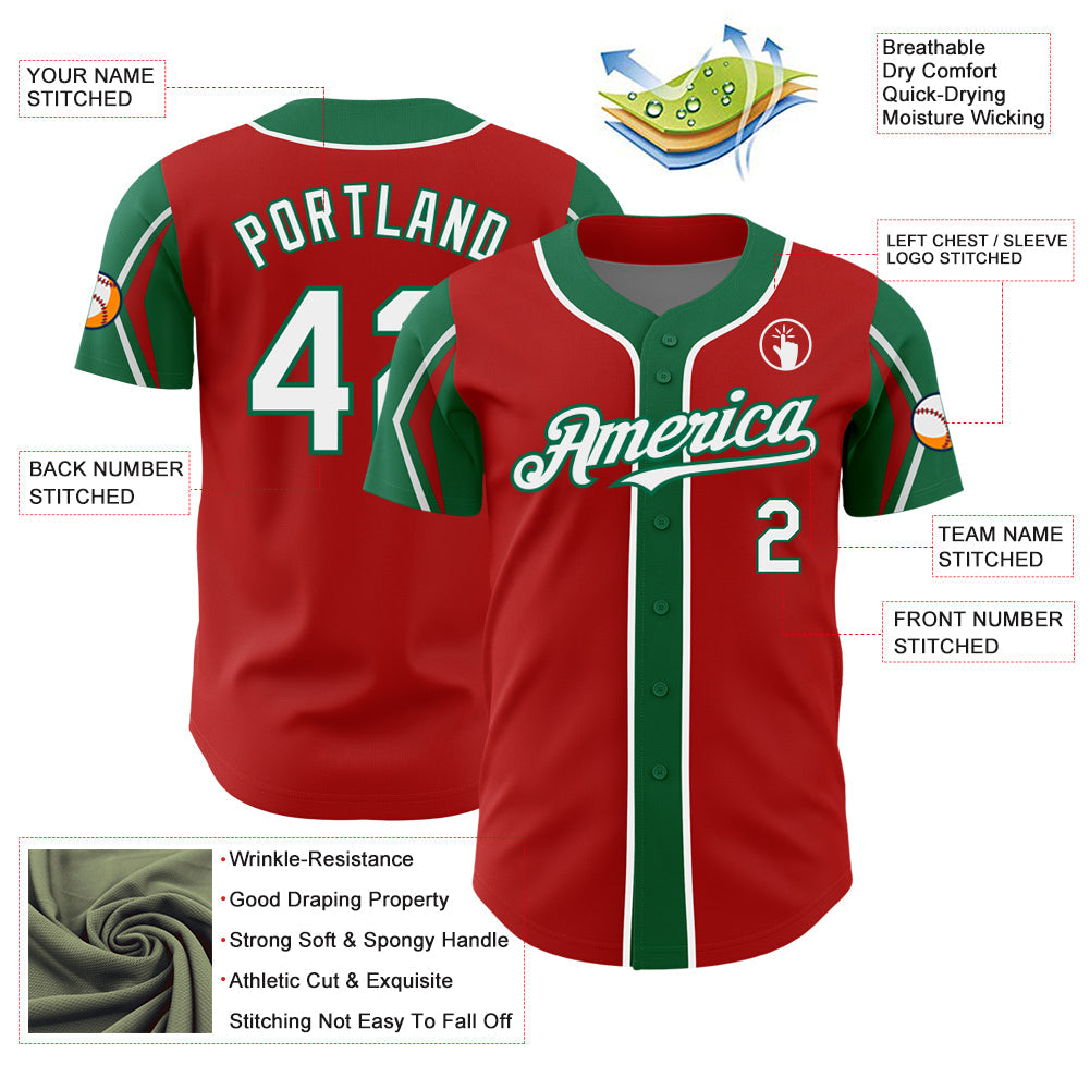 Custom Red White-Kelly Green 3 Colors Arm Shapes Authentic Baseball Jersey - Sky-Custom