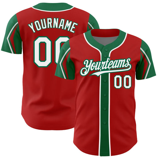 Custom Red White-Kelly Green 3 Colors Arm Shapes Authentic Baseball Jersey - Sky-Custom