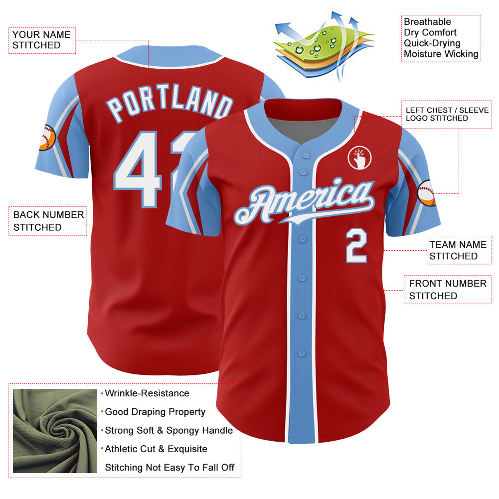 Custom Red White-Light Blue 3 Colors Arm Shapes Authentic Baseball Jersey - Sky-Custom