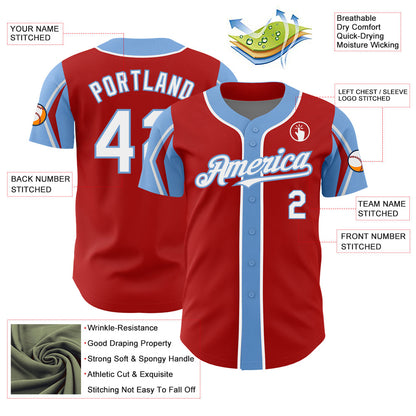 Custom Red White-Light Blue 3 Colors Arm Shapes Authentic Baseball Jersey - Sky-Custom