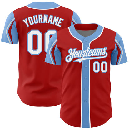 Custom Red White-Light Blue 3 Colors Arm Shapes Authentic Baseball Jersey - Sky-Custom