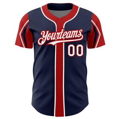 Custom Navy White-Red 3 Colors Arm Shapes Authentic Baseball Jersey - Sky-Custom
