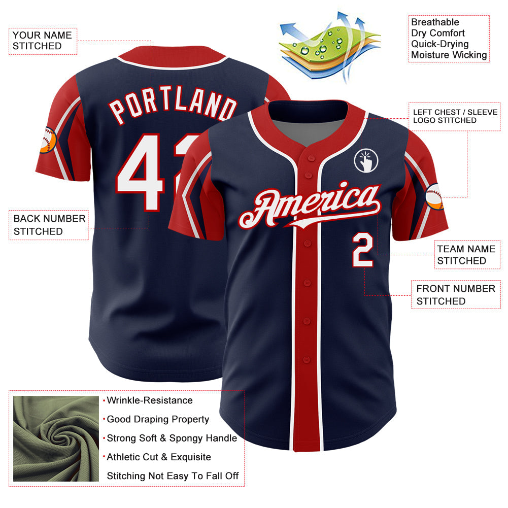 Custom Navy White-Red 3 Colors Arm Shapes Authentic Baseball Jersey - Sky-Custom