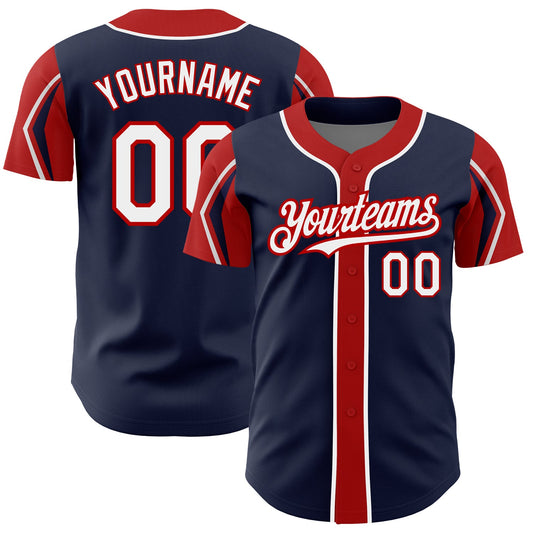 Custom Navy White-Red 3 Colors Arm Shapes Authentic Baseball Jersey - Sky-Custom