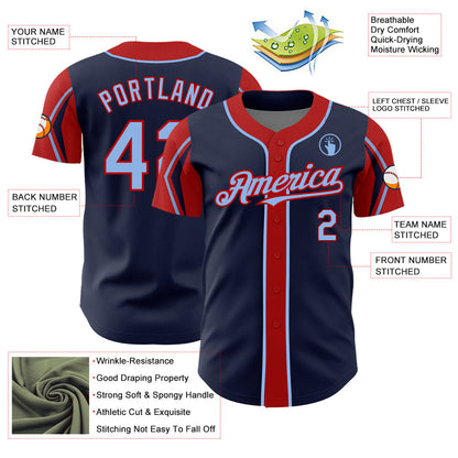 Custom Navy Light Blue-Red 3 Colors Arm Shapes Authentic Baseball Jersey - Sky-Custom