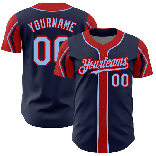Custom Navy Light Blue-Red 3 Colors Arm Shapes Authentic Baseball Jersey - Sky-Custom