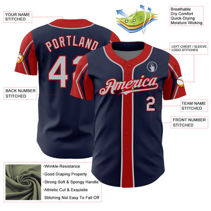 Custom Navy Gray-Red 3 Colors Arm Shapes Authentic Baseball Jersey - Sky-Custom