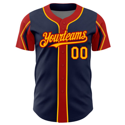 Custom Navy Gold-Red 3 Colors Arm Shapes Authentic Baseball Jersey - Sky-Custom