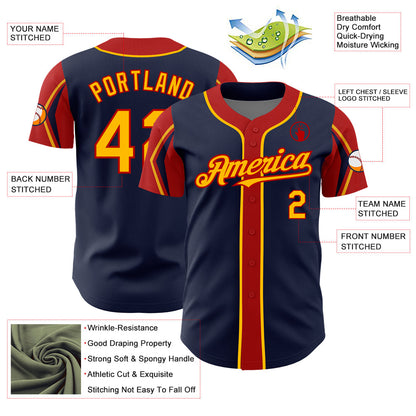 Custom Navy Gold-Red 3 Colors Arm Shapes Authentic Baseball Jersey - Sky-Custom