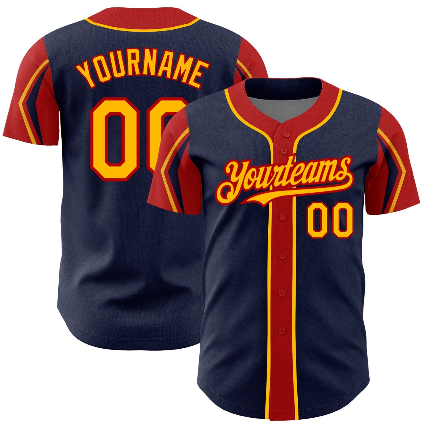 Custom Navy Gold-Red 3 Colors Arm Shapes Authentic Baseball Jersey - Sky-Custom
