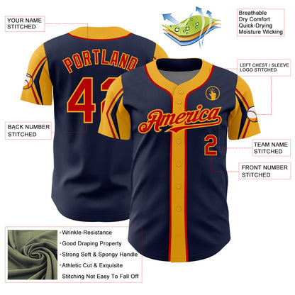 Custom Navy Red-Gold 3 Colors Arm Shapes Authentic Baseball Jersey - Sky-Custom