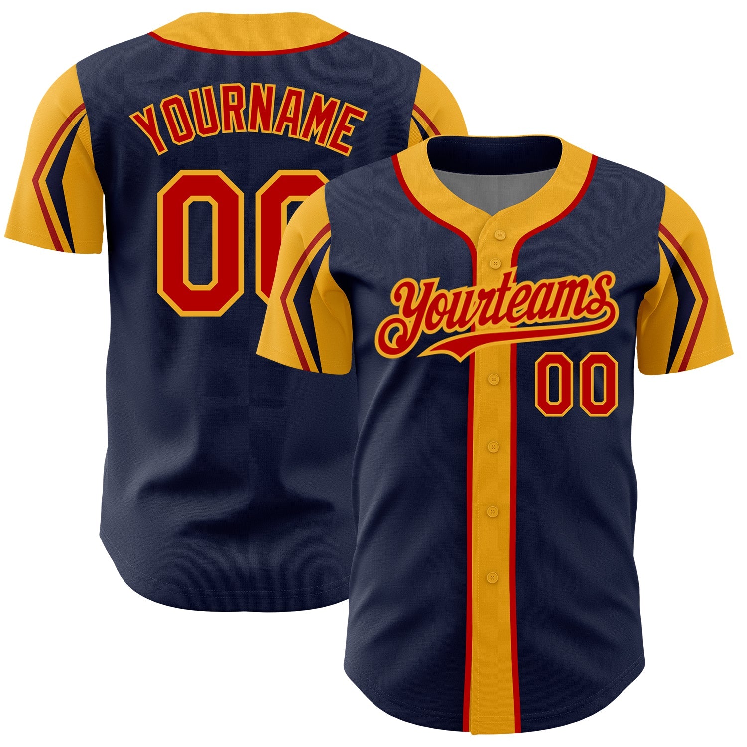 Custom Navy Red-Gold 3 Colors Arm Shapes Authentic Baseball Jersey - Sky-Custom