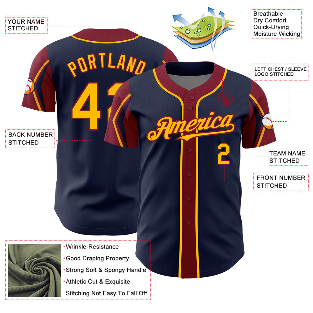 Custom Navy Gold-Crimson 3 Colors Arm Shapes Authentic Baseball Jersey - Sky-Custom