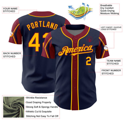 Custom Navy Gold-Crimson 3 Colors Arm Shapes Authentic Baseball Jersey - Sky-Custom