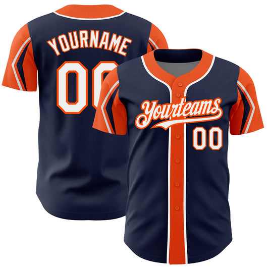 Custom Navy White-Orange 3 Colors Arm Shapes Authentic Baseball Jersey - Sky-Custom