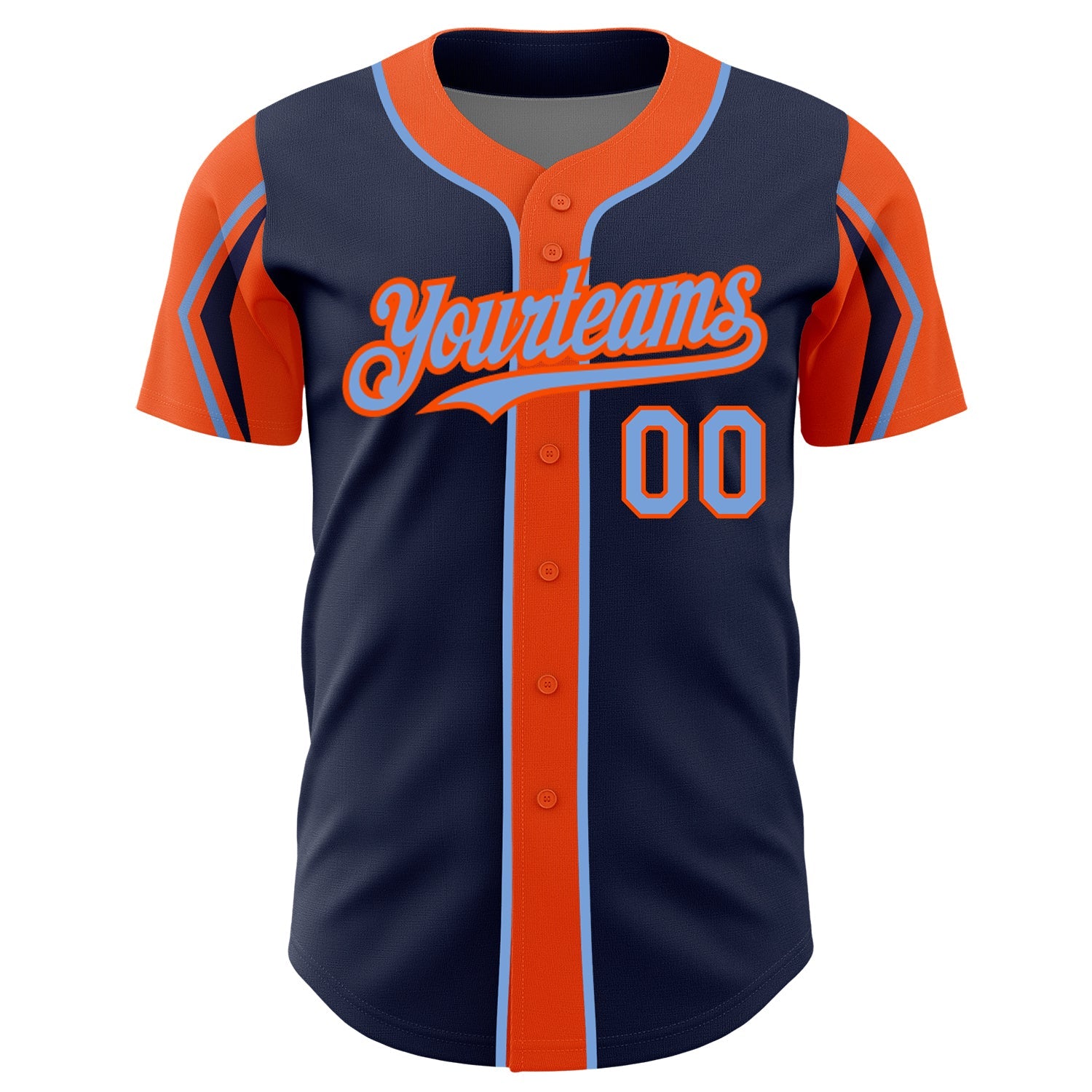 Custom Navy Powder Blue-Orange 3 Colors Arm Shapes Authentic Baseball Jersey - Sky-Custom
