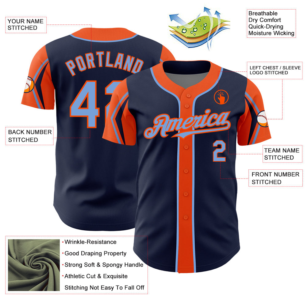 Custom Navy Powder Blue-Orange 3 Colors Arm Shapes Authentic Baseball Jersey - Sky-Custom